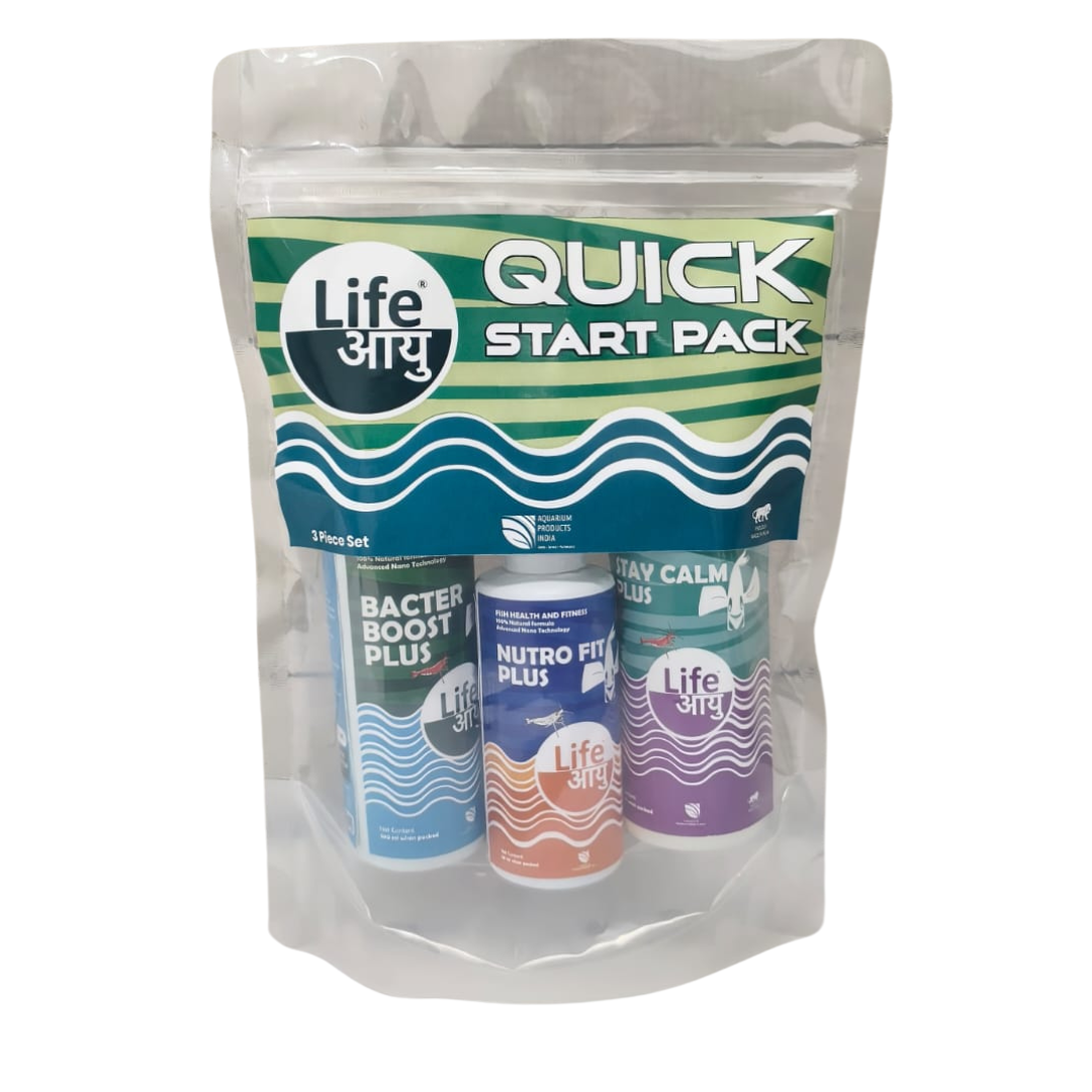 Packaging of Life Aayu Quick Start Pack containing three bottles of aquarium products: Bacteria Boost Plus, Stay Calm Plus, and Nutro Fit Plus.