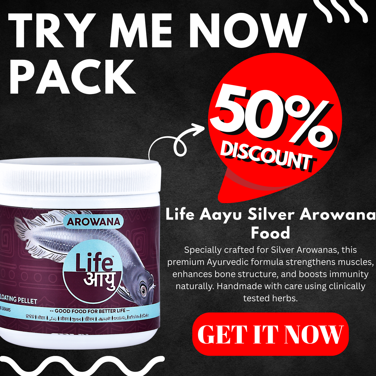 Promotional image of Life Aayu Silver Arowana Food with a discount offer on a dark background.