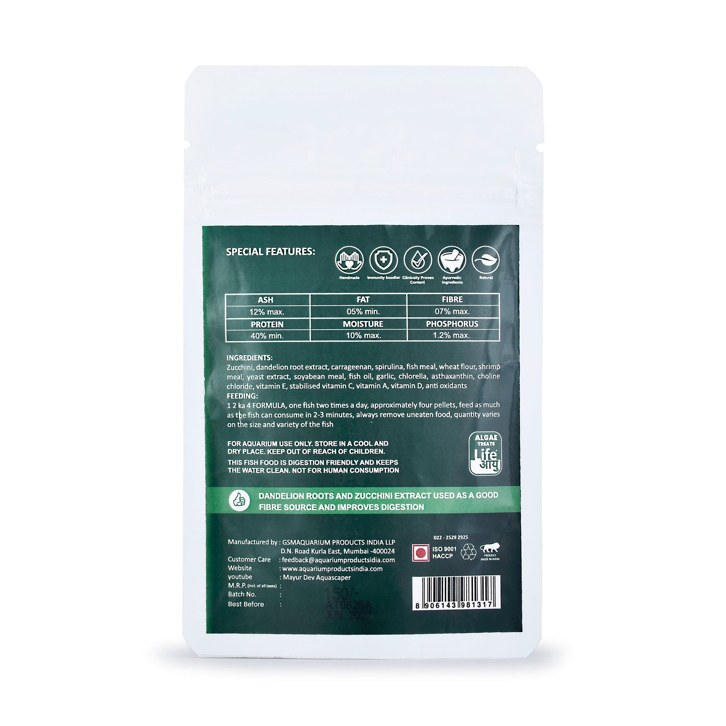 Back view of a green and white package with text and icons on a white background