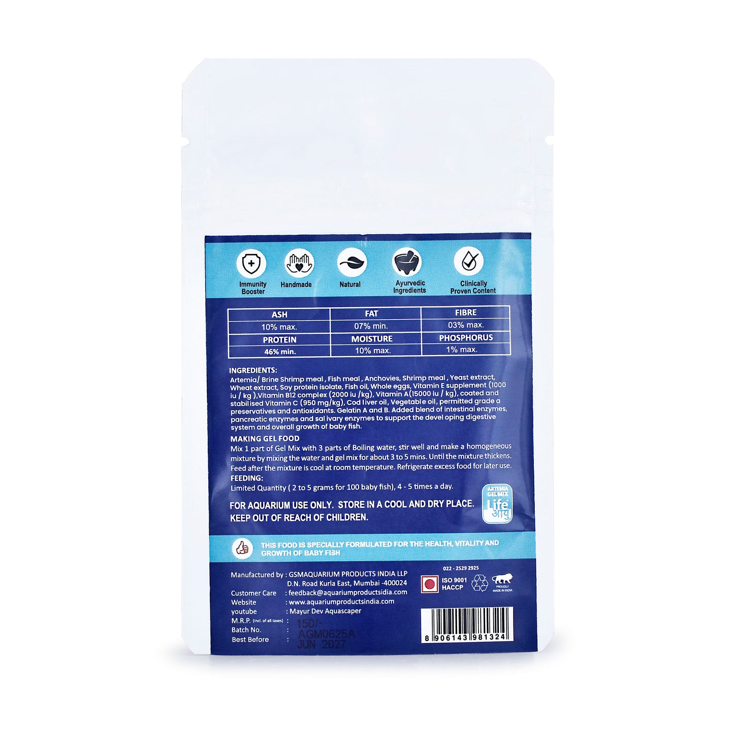 Back view of a pet food packaging with nutritional information on a white background