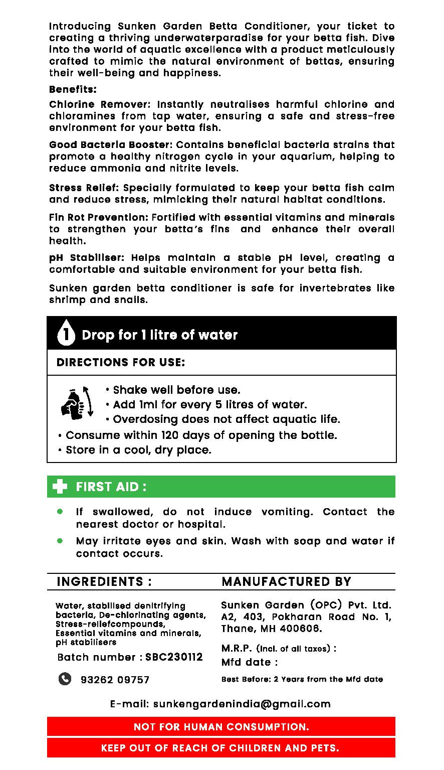 सनकेन गार्डन बेट्टा फिश वॉटर कंडीशनर | क्लोरीन न्यूट्रलाइज़र + फिन रोट प्रोटेक्शन + pH बैलेंसर | भारतीय एक्वैरियम के लिए बनाया गया