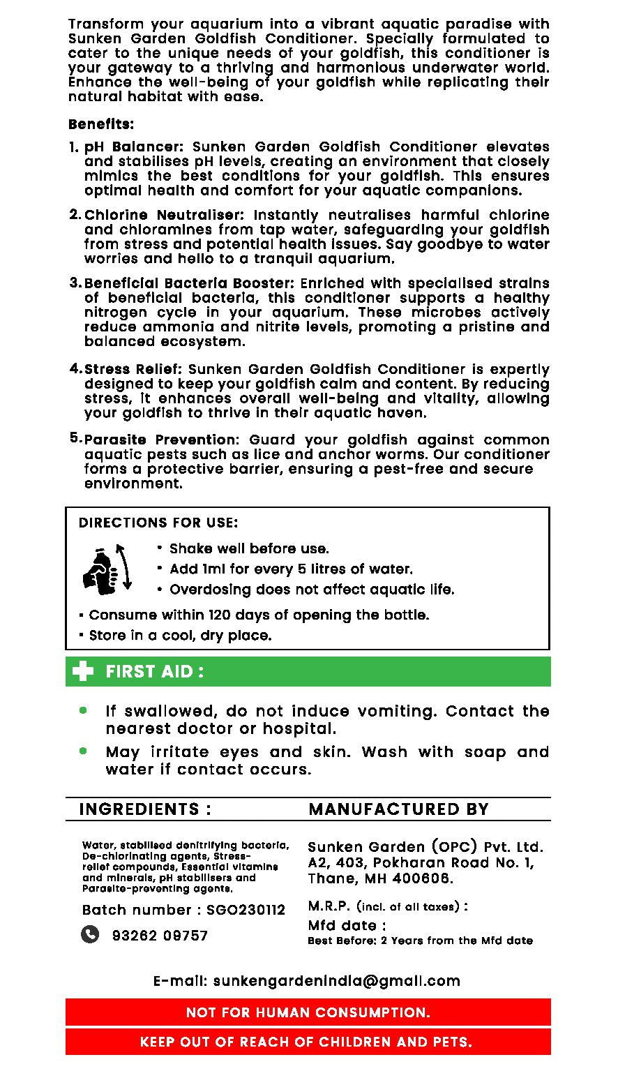 सनकेन गार्डन गोल्डफिश वाटर कंडीशनर | pH स्टेबलाइजर + डीक्लोरीनेटर + परजीवी रोकथाम | भारतीय नल के पानी के लिए बनाया गया