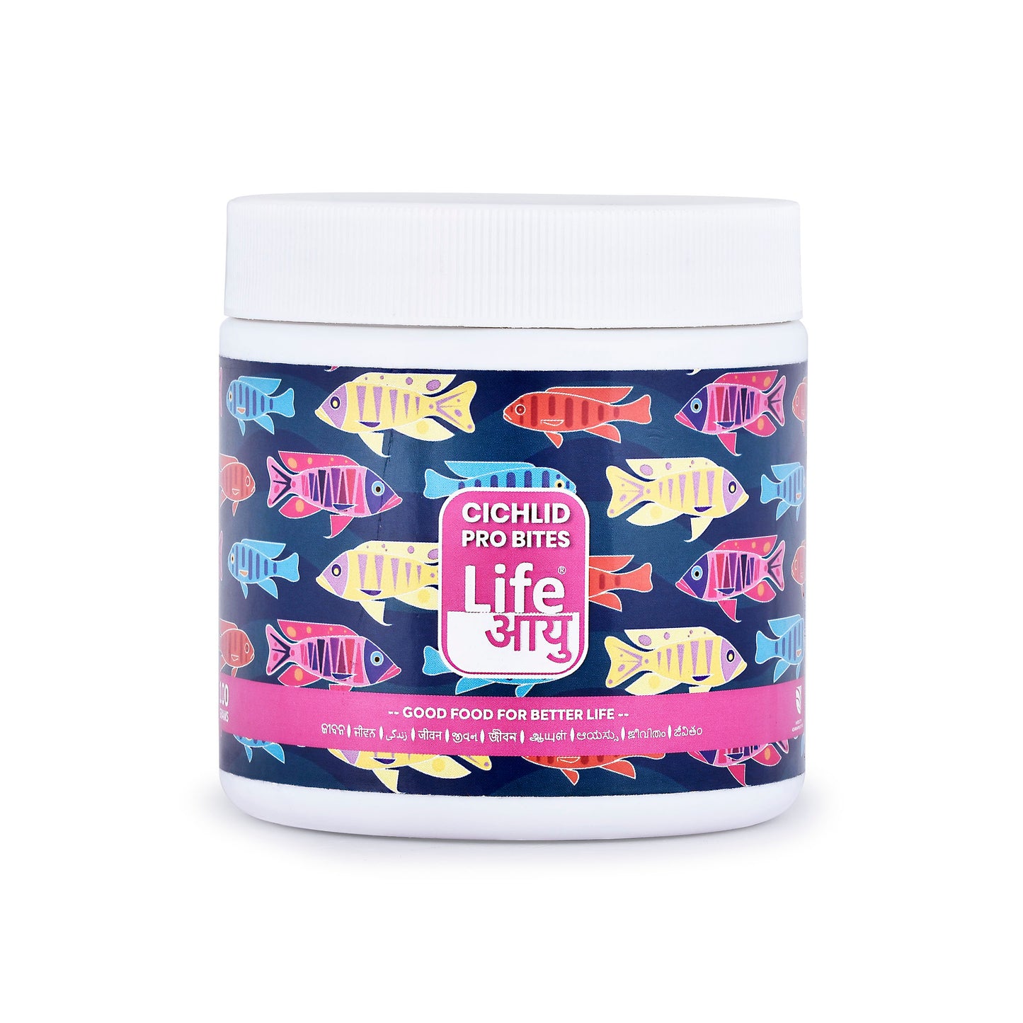 Container of Life Aayu Cichlid Pro Bites with colorful fish design on a white background