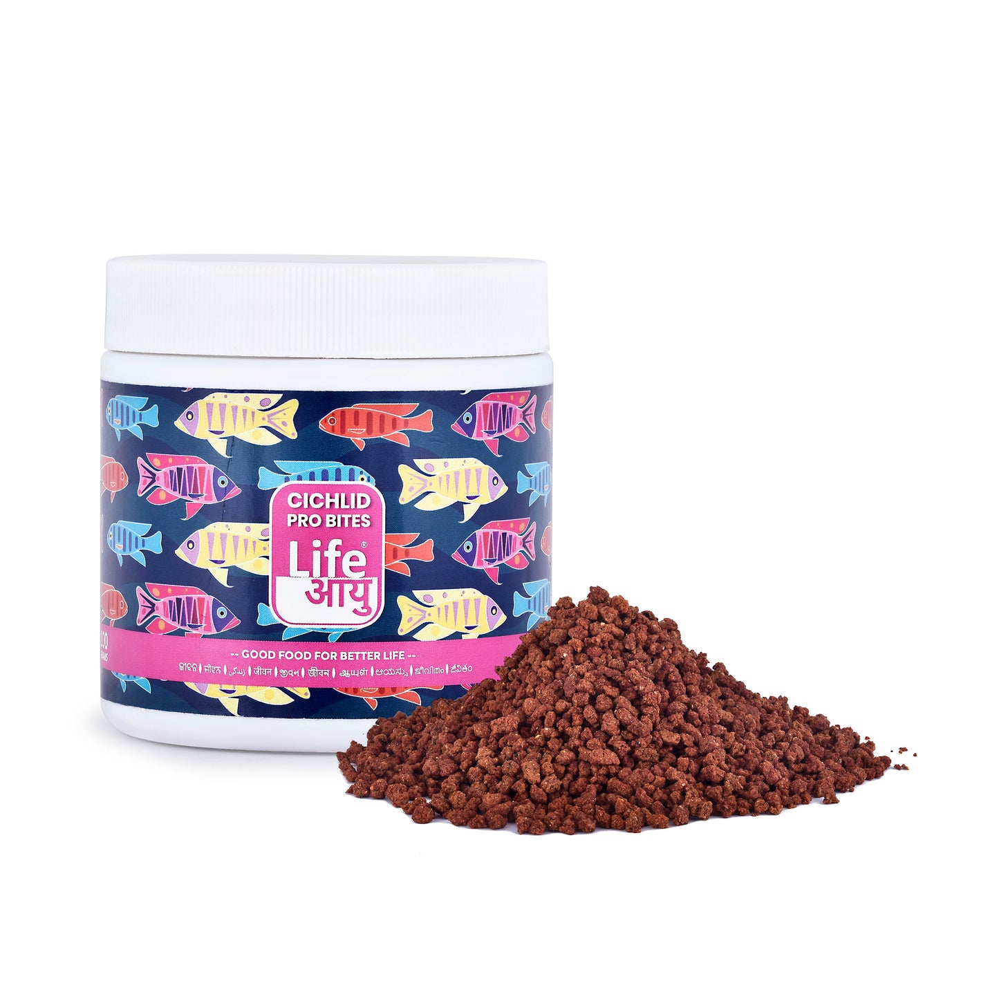 Container of Life Pro Bites with fish on the label and brown granular product outside.