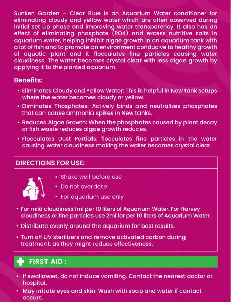 Sunken Garden Clear Blue Aquarium Water Conditioner | Instant Clarity | Algae Particle Remover | Safe for All Fish, Shrimp, and Plants