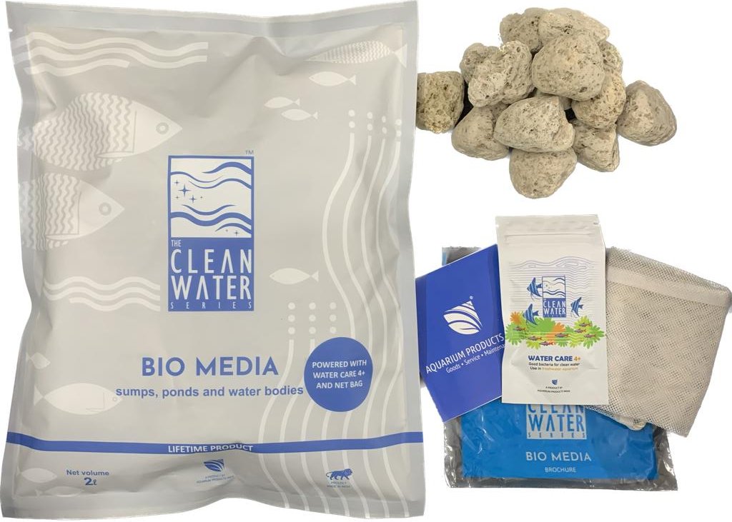 Packaging and contents of TCWS Sump Media, showing a white resealable bag with blue aquatic-themed graphics, alongside a netbag and natural stone media.