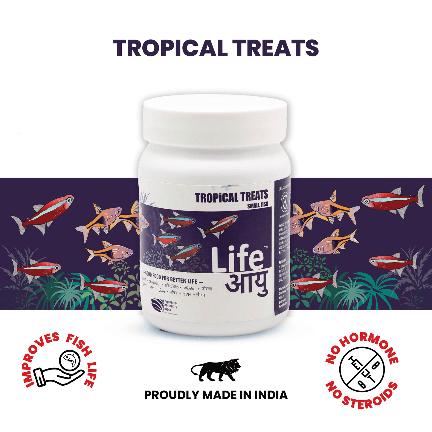 Life AAYU Tropical Treats Fish Food – Ayurvedic Immunity Boost Pellets for Tropical Fish | Spirulina, Moringa, Garlic & Color Enhancers (70g)