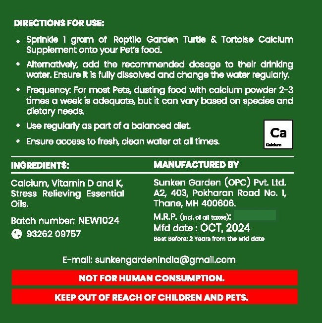 सरीसृप गार्डन कछुआ और कछुआ कैल्शियम अनुपूरक - विटामिन डी और के + तनाव से राहत देने वाले आवश्यक तेलों के साथ