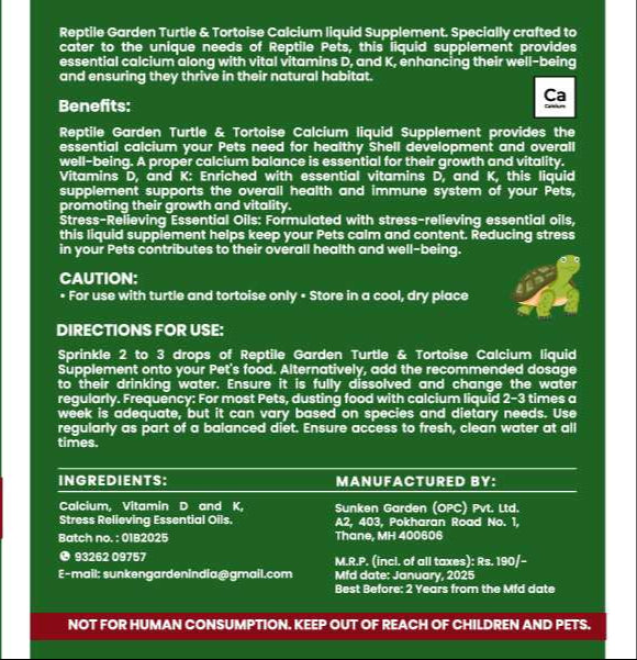 सरीसृप गार्डन कछुआ और कछुआ कैल्शियम तरल अनुपूरक - 30ml | शैल शक्ति + प्रतिरक्षा + तनाव से राहत