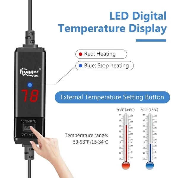 Mini Aquarium Heater for Small Tanks | 10W Submersible Fish Tank Heater | Dry Run / Overheating Protection, LED Digital Display & External Temperature Controller