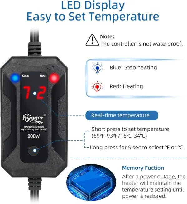 Ultra Short Aquarium Heater | Explosion Proof Quartz Glass | LED Display with External Controller | Overheat Protection | Auto-shut off | Memory Function