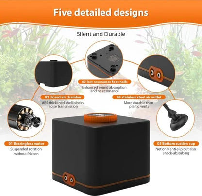 Strong Aquarium Air Pump for Medium Large Fish Tank I Ultra-Quiet Operation I Dual Stainless Steel Outlets I Adjustable Airflow I Shock-Absorbing Design I Durable Construction