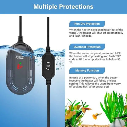Submersible Betta/Turtle Tank Heater I Rapid Heating I Built-in Temperature Sensor I LED Digital Display I Overheating and Dry-Run Protection I Power-Off Memory Function