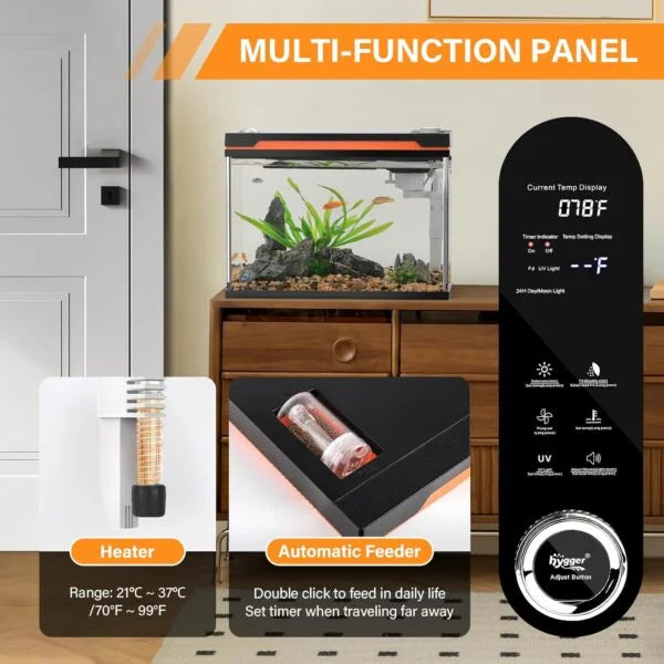 38-Litre Complete Fish Tank Aquarium Kit I Ultra-Clear 5mm Glass Tank I RGB LED Hood with Smart Touch Panel I 3-in-1 Submersible Pump System I Integrated Heater with Temp. Display I Built-in UV Sterilizer I Auto Feeder
