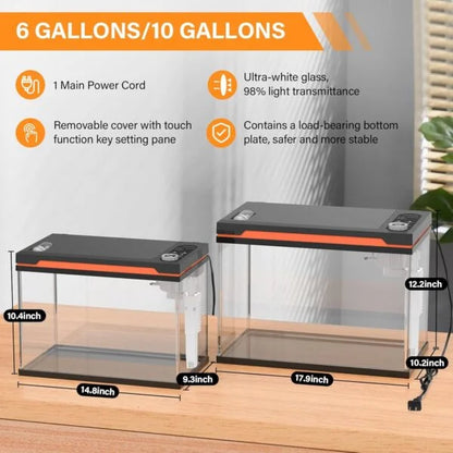 38-Litre Complete Fish Tank Aquarium Kit I Ultra-Clear 5mm Glass Tank I RGB LED Hood with Smart Touch Panel I 3-in-1 Submersible Pump System I Integrated Heater with Temp. Display I Built-in UV Sterilizer I Auto Feeder