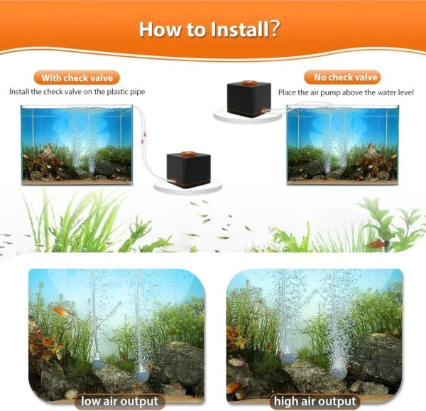 Strong Aquarium Air Pump for Medium Large Fish Tank I Ultra-Quiet Operation I Dual Stainless Steel Outlets I Adjustable Airflow I Shock-Absorbing Design I Durable Construction