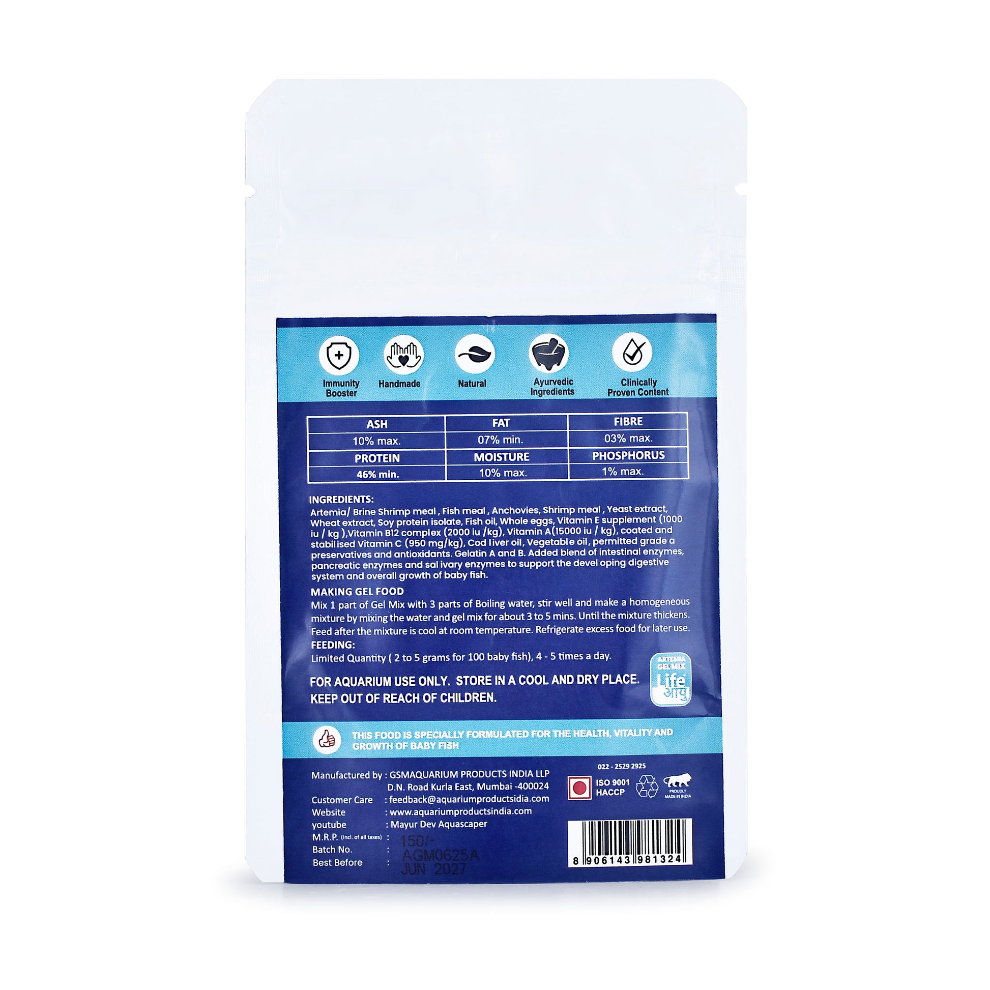 Back view of a pet food packaging with nutritional information on a white background
