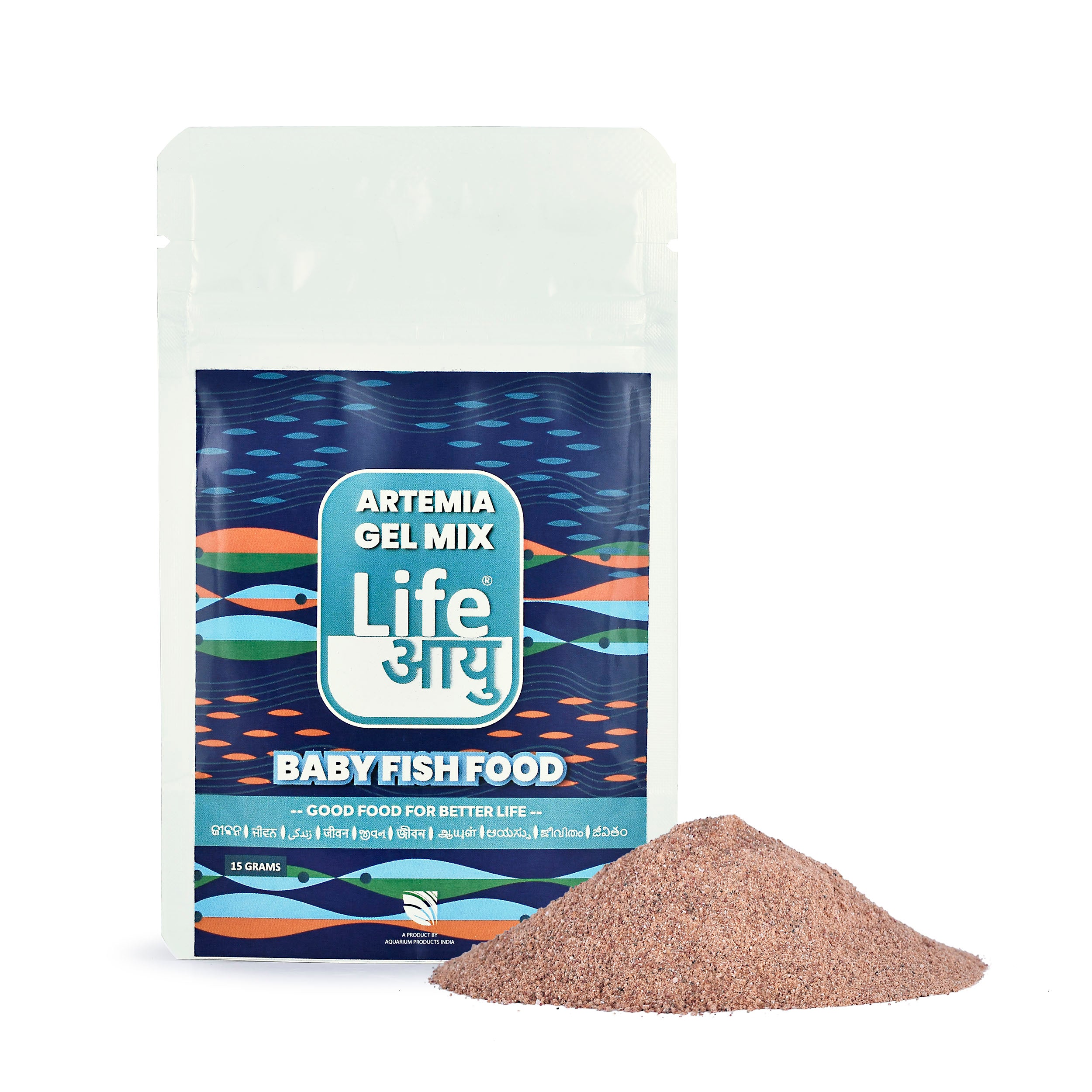 Life Baby Fish Food packaging with fish food powder on a white background