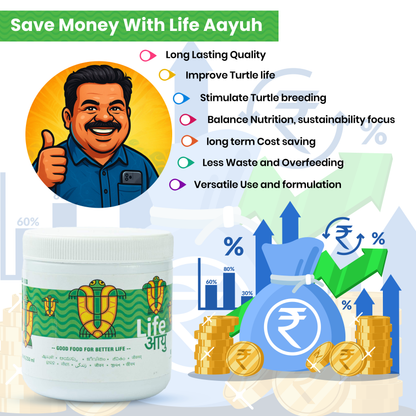 लाइफ आयु वयस्क कछुआ भोजन - मजबूत खोल, आंत स्वास्थ्य और पाचन के लिए स्पिरुलिना और कैल्शियम समृद्ध आयुर्वेदिक आहार (100 ग्राम)