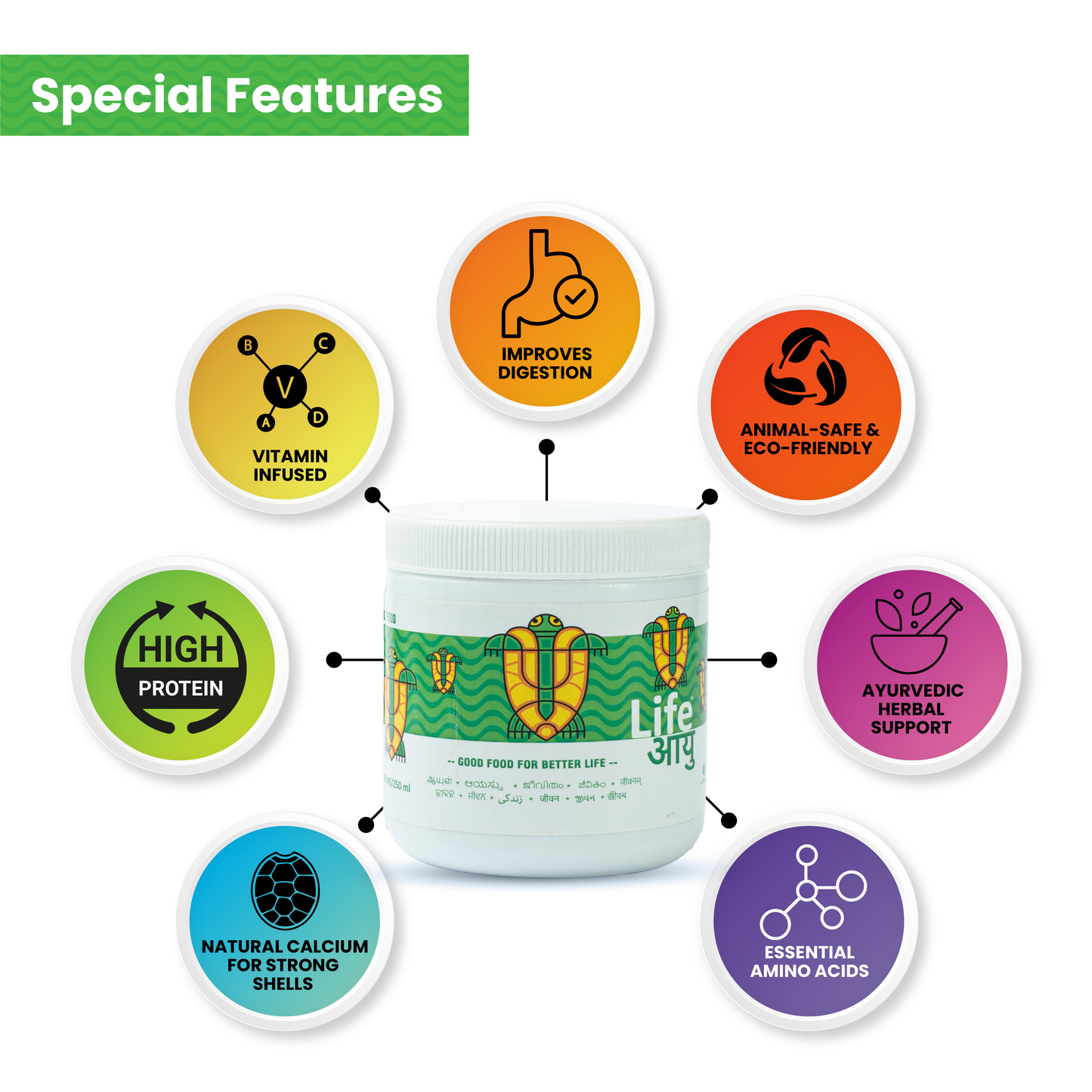 लाइफ आयु वयस्क कछुआ भोजन - मजबूत खोल, आंत स्वास्थ्य और पाचन के लिए स्पिरुलिना और कैल्शियम समृद्ध आयुर्वेदिक आहार (100 ग्राम)