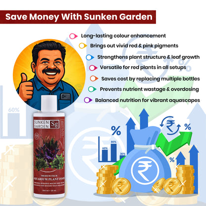 सनकेन गार्डन रेड - लाल जलीय पौधों के लिए उर्वरक। बोल्ड को बाहर लाओ। लाल को खिलाओ। 