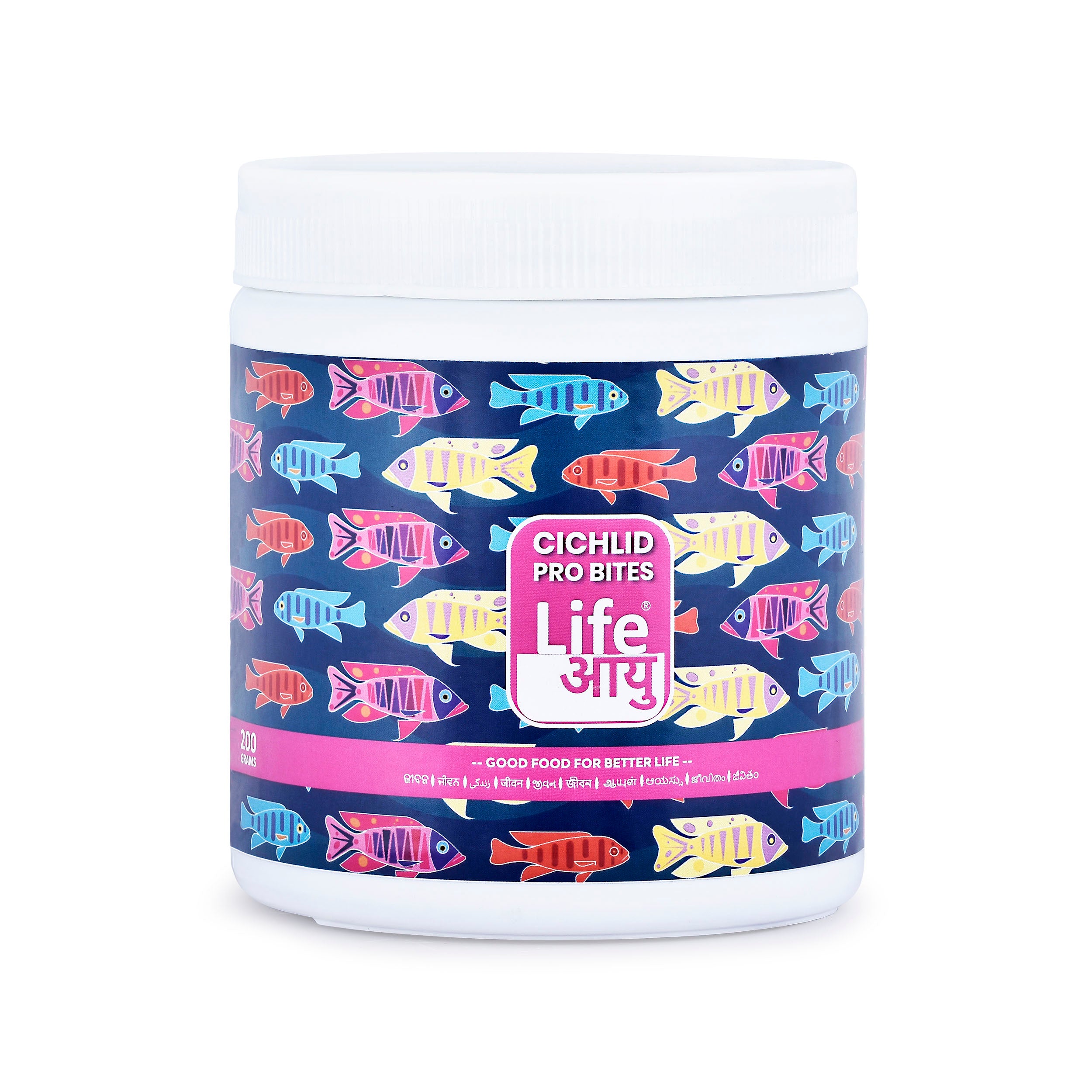 Container of Life Aquu Cichlid Pro Bites with colorful fish pattern on a white background