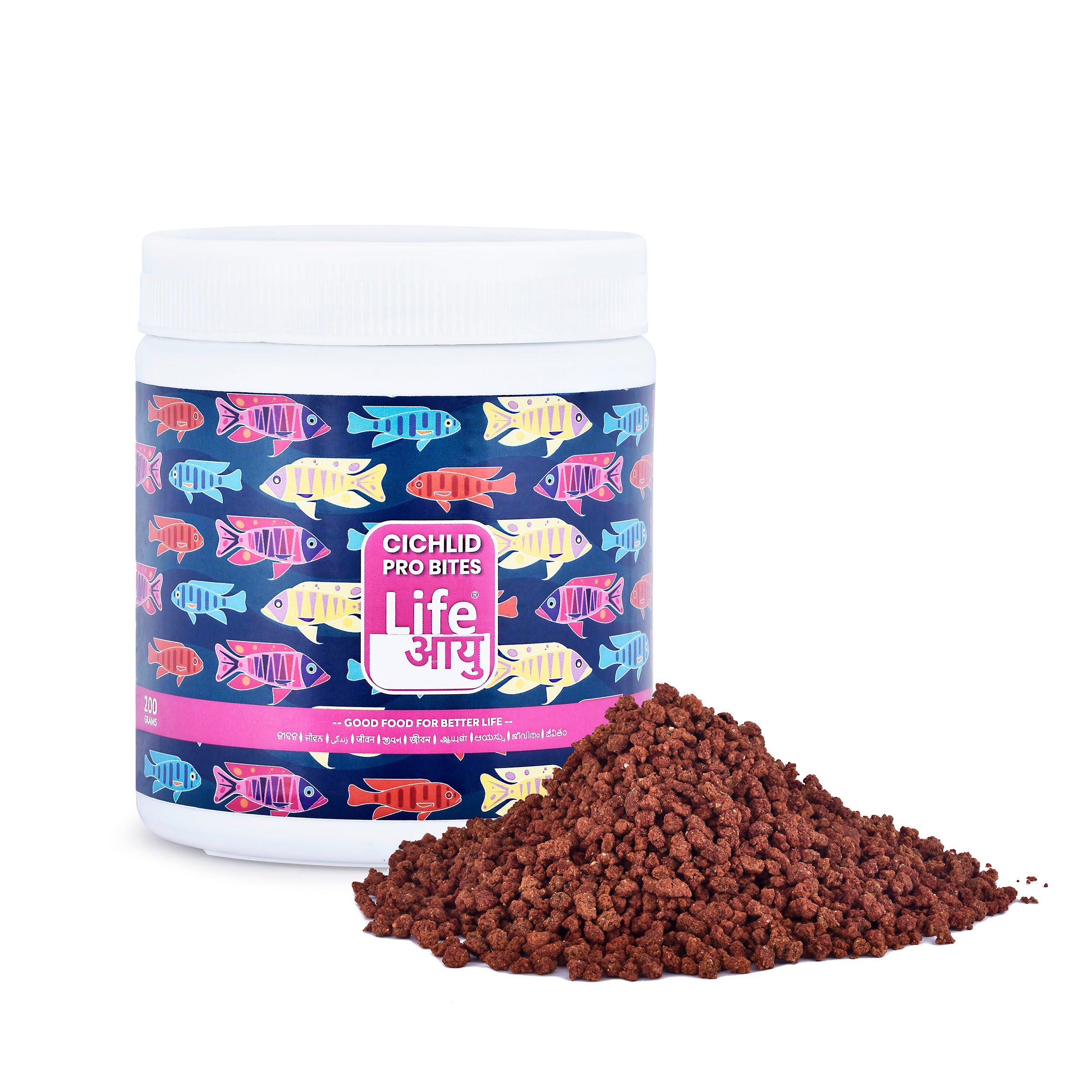Container of Cichlid Pro Bites with fish pattern on a white background