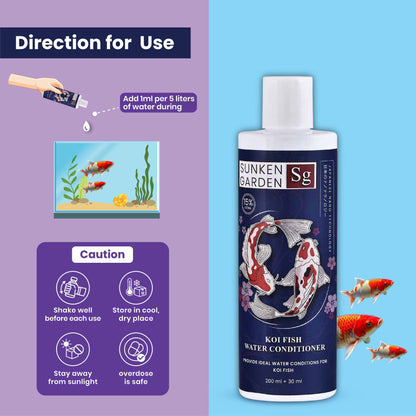 सनकेन गार्डन कोइ फिश वॉटर कंडीशनर – pH संतुलन • क्लोरीन हटाना • बैक्टीरिया को बढ़ावा देना • पाचन सहायता | भारतीय कोइ और तालाब के पानी के लिए 