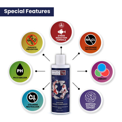 सनकेन गार्डन कोइ फिश वॉटर कंडीशनर – pH संतुलन • क्लोरीन हटाना • बैक्टीरिया को बढ़ावा देना • पाचन सहायता | भारतीय कोइ और तालाब के पानी के लिए 
