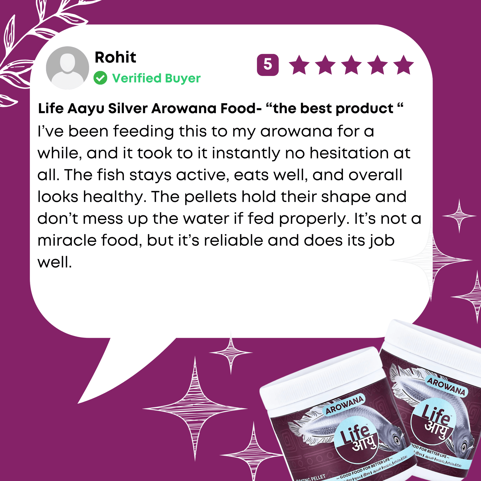I’ve been feeding this to my arowana for a while, and it took to it instantly no hesitation at all. The fish stays active, eats well, and overall looks healthy. The pellets hold their shape and don’t mess up the water if fed properly. It’s not a miracle food, but it’s reliable and does its job well.
