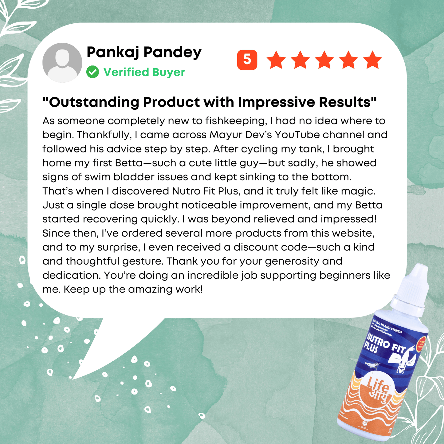 Product review with a verified buyer's testimonial and Nutro Fit Plus bottle on a green background
