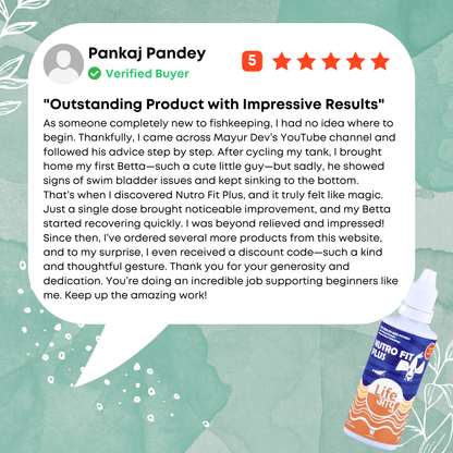 Product review with a verified buyer's testimonial and Nutro Fit Plus bottle on a green background