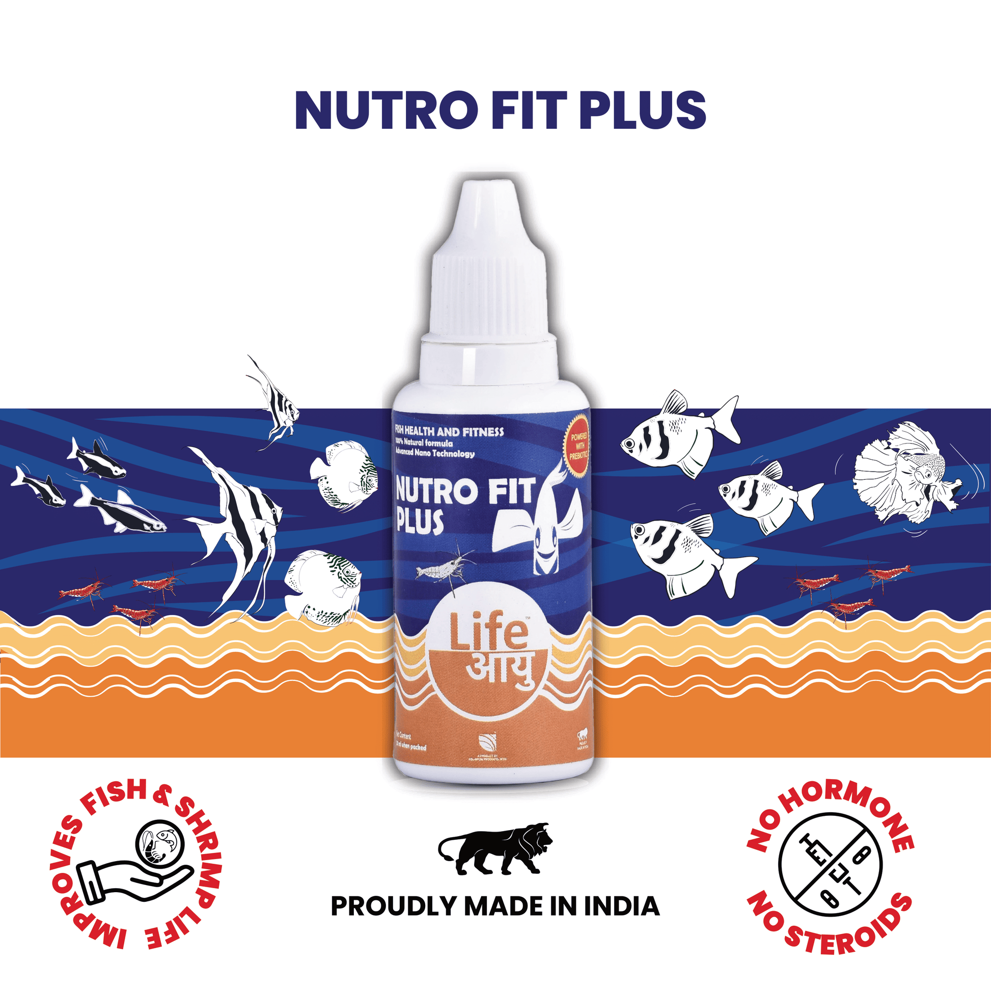 NUTRO FIT PLUS bottle with fish illustrations on a blue and orange background