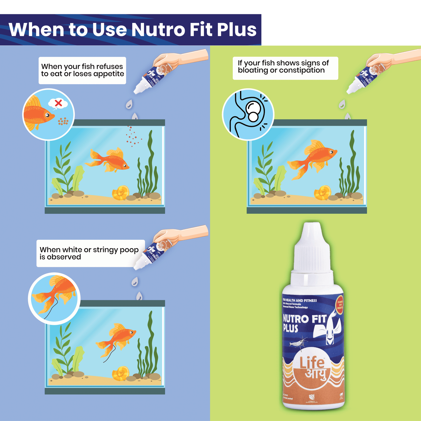 Illustration showing when to use Nutro Fit Plus for fish care with a bottle of the product.