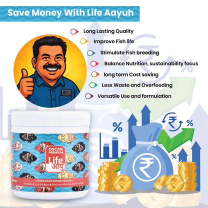 Life AAYU Oscar Premium Fish Food – Color-Boosting, Immunity-Enhancing Ayurvedic Pellets with Spirulina, Astaxanthin & Garlic