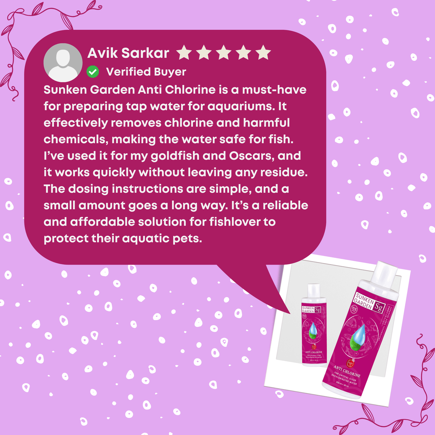 Sunken Garden Anti Chlorine Product packaging with a customer review on a purple background