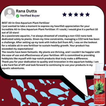 Product review for Aquarium Plant Fertilizer with a star rating and text on a red background with fish illustrations.