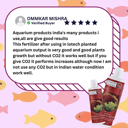 Product review with aquarium fertilizer packaging on a colorful fish-themed background