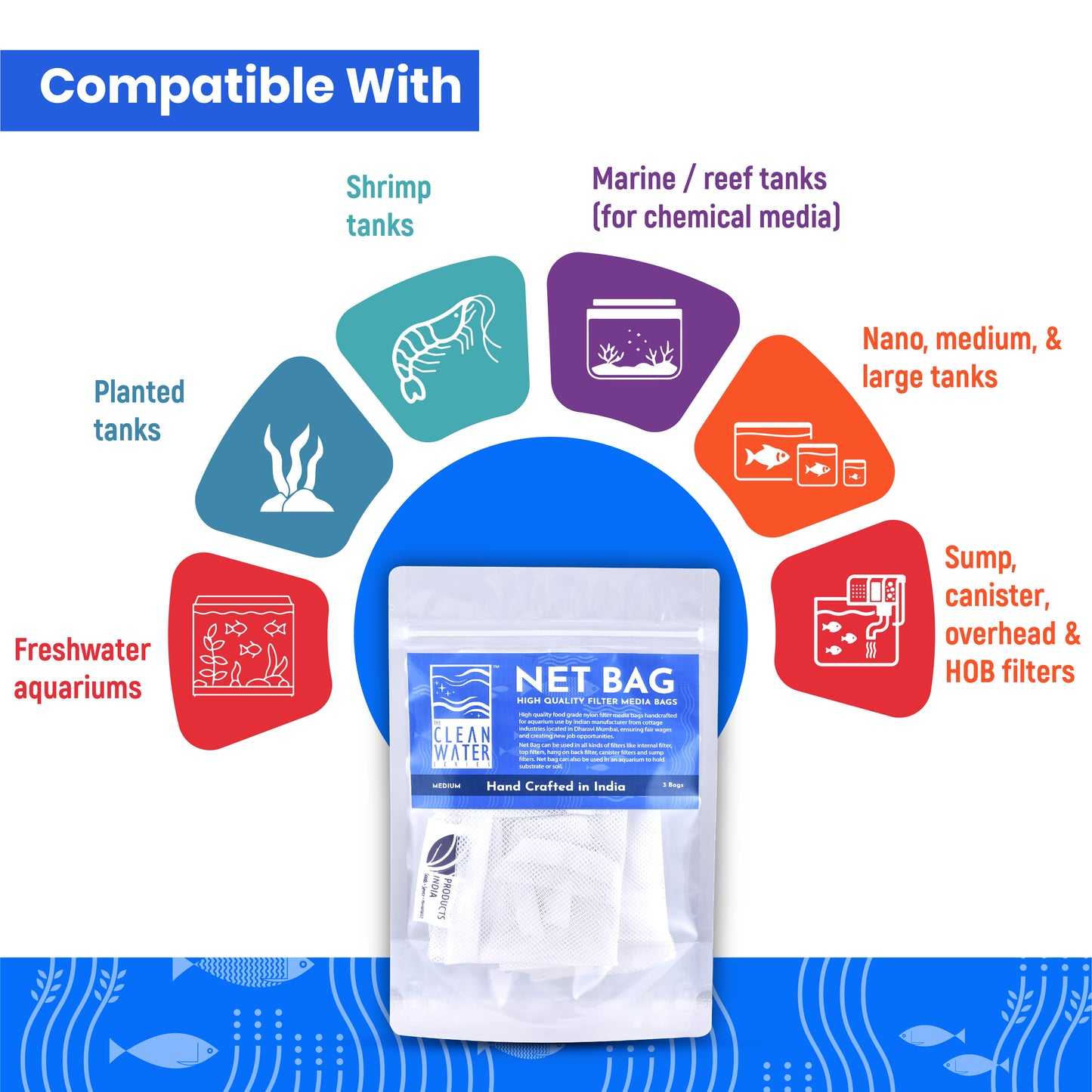 क्लीन वॉटर सीरीज़ (TCWS) मीडियम नेट बैग - एक्वेरियम फ़िल्टर मीडिया के लिए 3 का पैक
