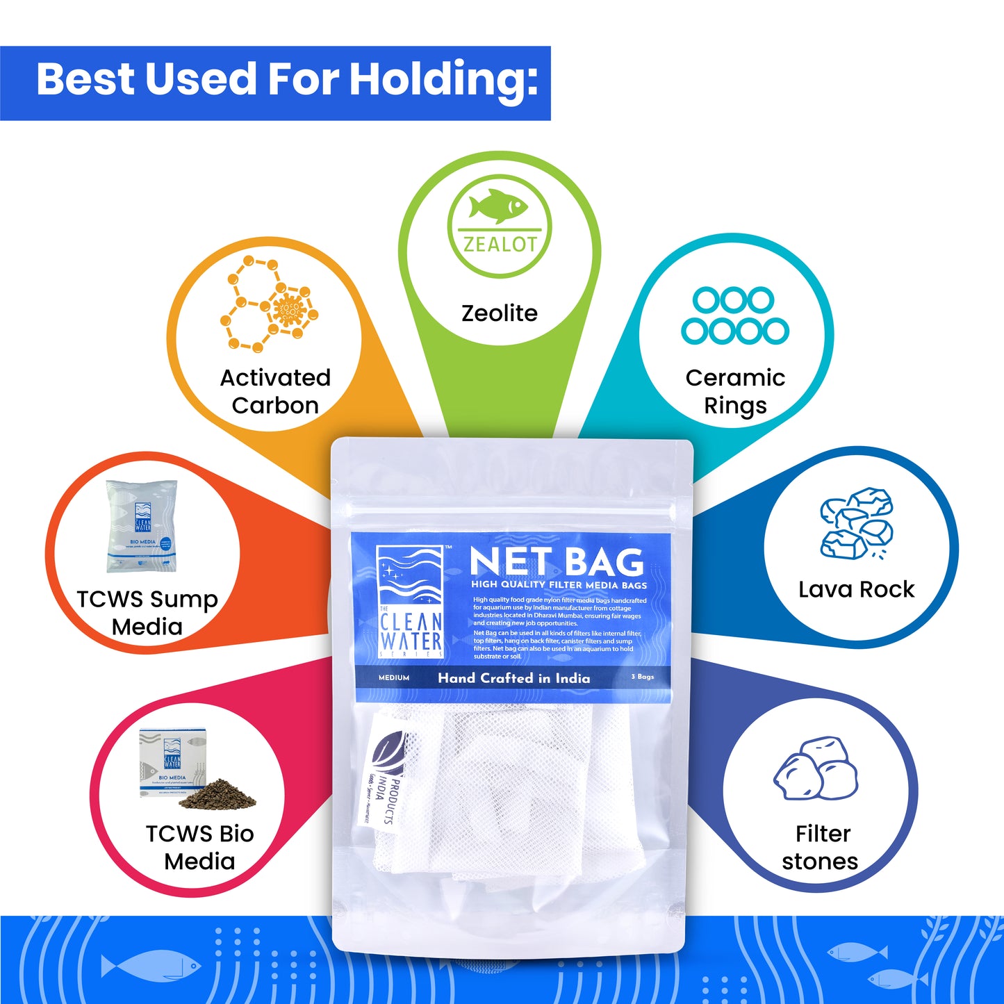 क्लीन वॉटर सीरीज़ (TCWS) मीडियम नेट बैग - एक्वेरियम फ़िल्टर मीडिया के लिए 3 का पैक