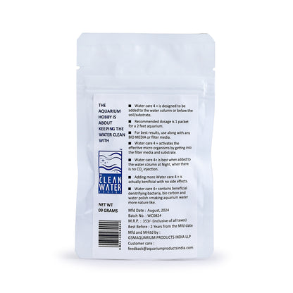 WATER CARE 4+ is designed to be added to the water column.
Recommended dosage is 1 packet for a 2 feet aquarium.
For optimum results, use along with BIO-MEDIA.
WATER CARE 4+ activates the effective micro-organisms by getting into the filter media and substrate.
When WATER CARE 4+ is added to the water column, stop CO2 injection and aerate the water.
Overdose does not cause harmful effects.