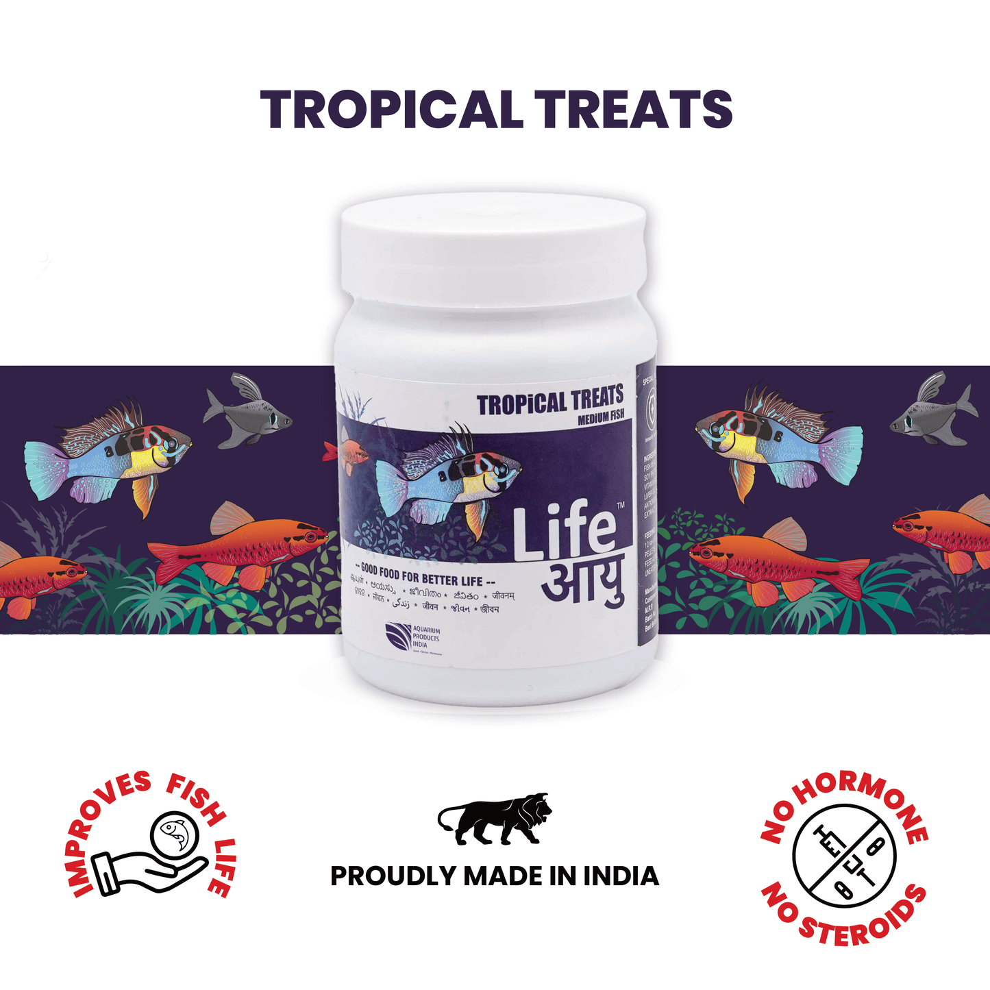 Life AAYU Tropical Treats Fish Food – Ayurvedic Immunity Boost Pellets for Tropical Fish | Spirulina, Moringa, Garlic & Color Enhancers (70g)