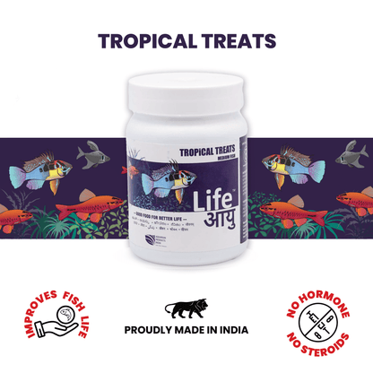 Life AAYU Tropical Treats Fish Food – Ayurvedic Immunity Boost Pellets for Tropical Fish | Spirulina, Moringa, Garlic & Color Enhancers (70g)