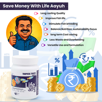 Life AAYU Tropical Treats Fish Food – Ayurvedic Immunity Boost Pellets for Tropical Fish | Spirulina, Moringa, Garlic & Color Enhancers (70g)