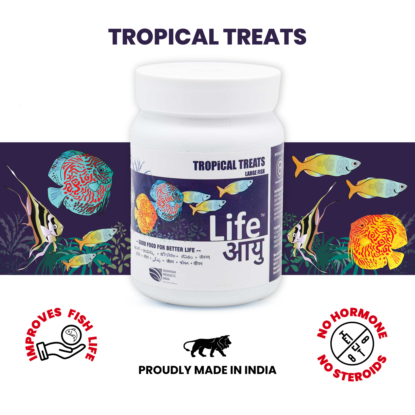 Life AAYU Tropical Treats Fish Food – Ayurvedic Immunity Boost Pellets for Tropical Fish | Spirulina, Moringa, Garlic & Color Enhancers (70g)