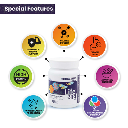 Life AAYU Tropical Treats Fish Food – Ayurvedic Immunity Boost Pellets for Tropical Fish | Spirulina, Moringa, Garlic & Color Enhancers (70g)